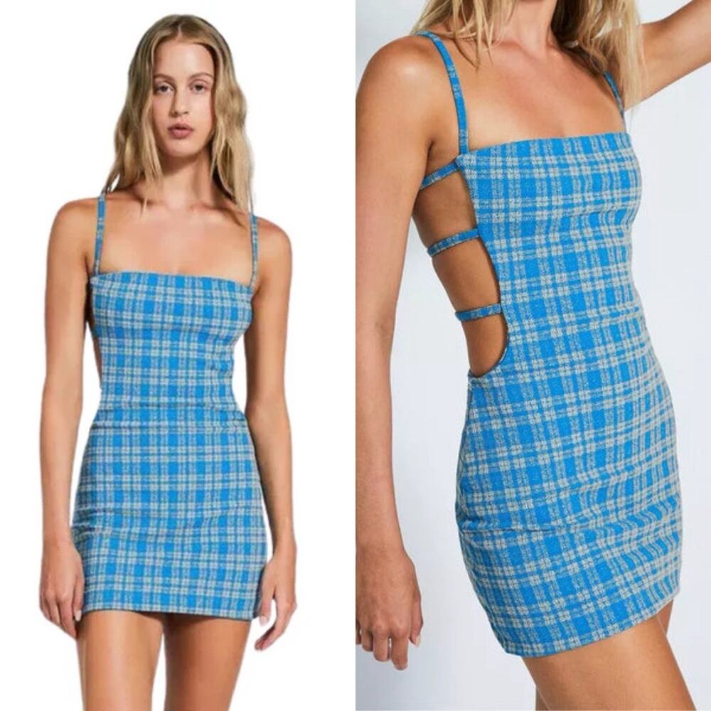 Devon Windsor Halo Blue White Plaid Side Cutout Bodycon Mini Dress Small